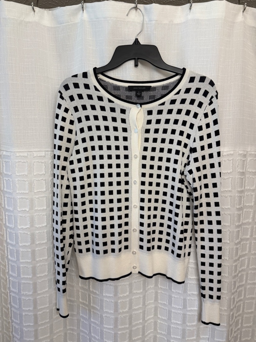 Ann Taylor Black and White Grid Button Cardigan